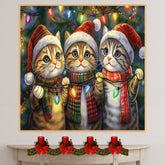 Painting of Three Cute Christmas Cats Wearing Santa Hats and Scarves Holding Colorful Holiday Lights with a Festive Pine Tree Background and Cheerful Expressions on Ready to Hang 1.5" Thick Canvas Wrap, Floating Framed Canvas, Flat Rolled Canvas